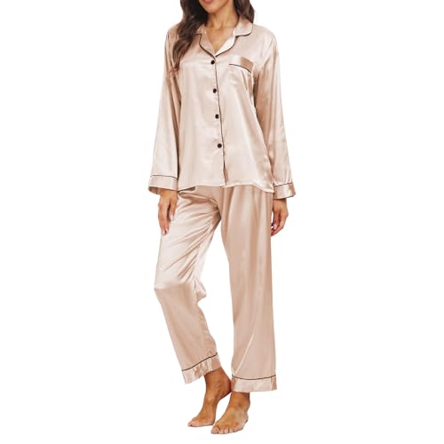 Teemie Damen Pyjama Sets Satin Nachtwäsche Schlafanzug Und Pyjamas Langarm Zweiteiliger Lang Loungewear Hausanzug PJs Hose Lange Seide mit Knopfleiste Jahreszeiten XL von Teemie