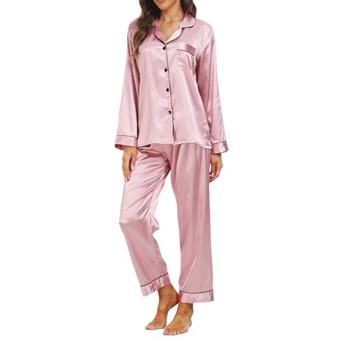 Teemie Damen Pyjama Sets Satin Nachtwäsche Schlafanzug Und Pyjamas Langarm Zweiteiliger Lang Loungewear Hausanzug PJs Hose Lange Seide mit Knopfleiste Jahreszeiten XL von Teemie