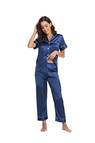 Teemie Damen Schlafanzug Kurz Pyjama Sets Satin Kurze Hosen Zweiteiliger Schlafanzüge Für Sommer Loungewear Nachtwäsche Dunkelblau XXL von Teemie