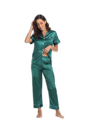 Teemie Damen Schlafanzug Kurz Pyjama Sets Satin Kurze Hosen Zweiteiliger Schlafanzüge Für Sommer Loungewear Nachtwäsche Grün XL von Teemie