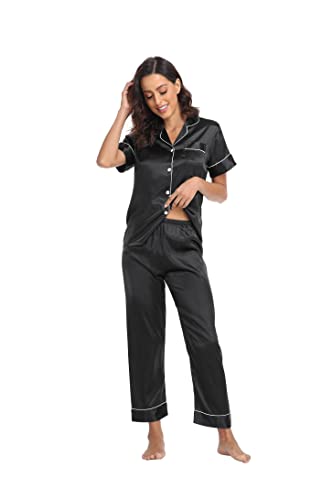 Teemie Damen Schlafanzug Kurz Pyjama Sets Satin Kurze Hosen Zweiteiliger Schlafanzüge Für Sommer Loungewear Nachtwäsche Schwarz M von Teemie