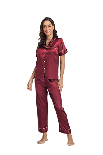 Teemie Damen Schlafanzug Kurz Pyjama Sets Satin Kurze Hosen Zweiteiliger Schlafanzüge Für Sommer Loungewear Nachtwäsche Weinrot XL von Teemie