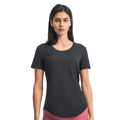 Teemie Damen T Shirt Sport Kurzarm Laufshirt Yoga Top Sportshirt Atmungsaktiv Oberteil Leicht Rundhals Workout Für Frauen Fitness Gym Sommer Schwarz M von Teemie