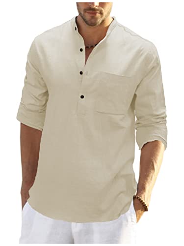 Teemie Herren Hemd Langarm Freizeithemd Leinenhemd Sommerhemd Henley Shirts Baumwolle Sommer Basic Shirt Regular Fit Button Tops Kragenloses Stehkragen Businesshemd Männer Apricot S von Teemie