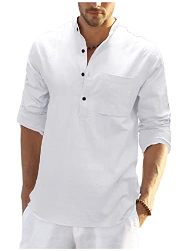 Teemie Herren Hemd Langarm Freizeithemd Leinenhemd Sommerhemd Henley Shirts Baumwolle Sommer Basic Shirt Regular Fit Button Tops Kragenloses Stehkragen Businesshemd for Männer Weiß L von Teemie