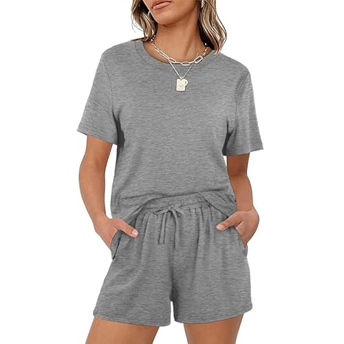 Teemie Schlafanzug Damen Kurz Pyjama Set Nachtwäsche Mit Kordelzug Und Taschen Sleepwear Zweiteiler Hausanzug Sexy Loungewear Für Frauen Große Größen Grau L von Teemie