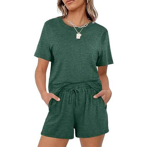 Teemie Schlafanzug Damen Kurz Pyjama Set Nachtwäsche Mit Kordelzug Und Taschen Sleepwear Zweiteiler Hausanzug Sexy Loungewear Für Frauen Große Größen Grün XXL von Teemie