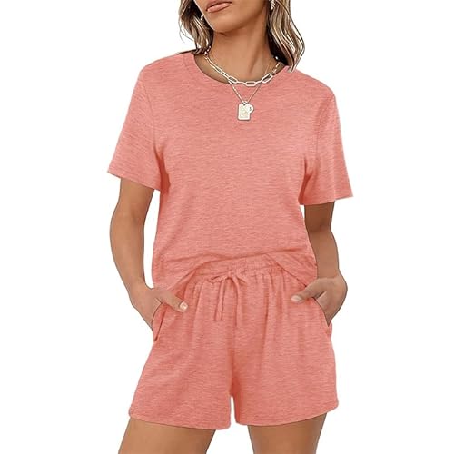 Teemie Schlafanzug Damen Kurz Pyjama Set Nachtwäsche Mit Kordelzug Und Taschen Sleepwear Zweiteiler Hausanzug Sexy Loungewear Für Frauen Große Größen Rosa L von Teemie