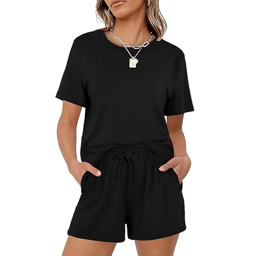 Teemie Schlafanzug Damen Kurz Pyjama Set Nachtwäsche Mit Kordelzug Und Taschen Sleepwear Zweiteiler Hausanzug Sexy Loungewear Für Frauen Große Größen Schwarz L von Teemie