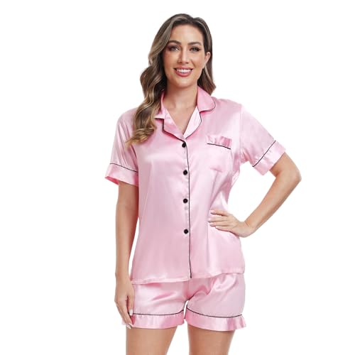 Teemie Schlafanzug Damen Kurzarm Pyjama Set Mit Knopfleiste Zweiteiliger Nachtwäsche Hausanzug Sommer V-Ausschnitt Pjs für Frauen Sleepwear Sexy Sleepshirt Helles Rosa M von Teemie