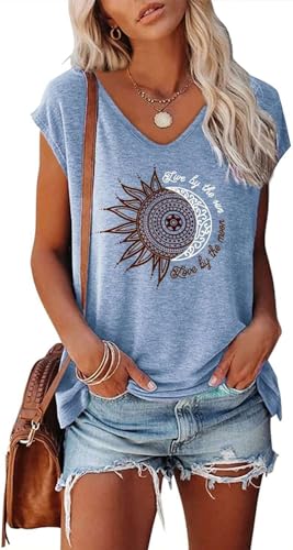 Teesho Damen T-Shirt Sommer Elegant Oberteile Kurzarm Crop Tops Oversize Shirts Tunika Sommer Tank Tops Sporttop (HellBlau/M) von Teesho