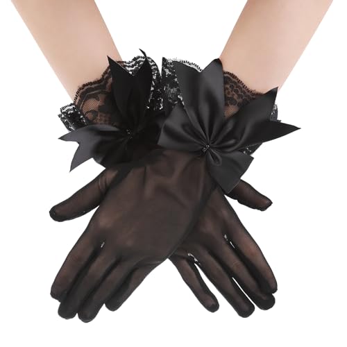 Kurze Spitzenhandschuhe für Damen Tea Party Handschuhe Weiß Schleife Spitze Partyhandschuhe für Damen Spitzen Fingerhandschuhe 1920er Jahre Tanzhandschuhe Hochzeit Halloween Kostüm (Schwarz) von Telooco