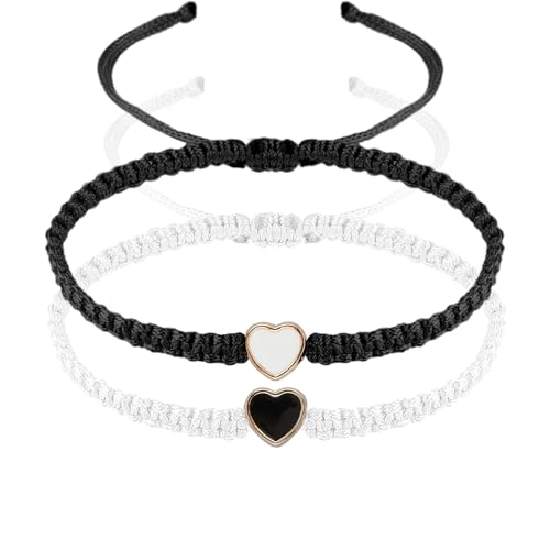 Telooco Herz Glücksarmband 2 Stück Paar Armband Damen Verstellbares Armkette Mädchen Freundschaftsarmband Handmade Geflochtenes Armband Geschenk für Jahrestag Freund Freundin (Schwarz, Weiß) von Telooco