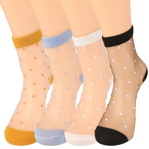 Telooco 4 Paar Gepunktet Söckchen Damen Knöchel Transparente Socken Nylon Durchsichtige Trachtensocken Atmungsaktive Beliebte Kristallsocken Süße Polka Dot Mädchen Dünn Modisch Socken von Telooco
