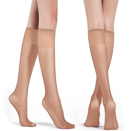 Telooco 4 Paar Nylon Kniestrümpfe Transparente Damen Kniestrümpfe 20D Hautfarbe Feinkniestrümpfe mit Verstärkten Zehen Elastische Weiche Nylonsocken für Frauen und Mädchen (Hautfarbe) von Telooco