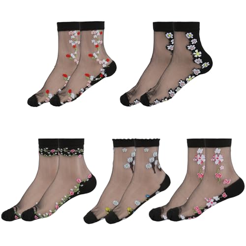 Telooco 5 Paar Söckchen Damen Nylon Socken Durchsichtige Schwarze Trachtensocken Blumen Nylonstrümpfe Kurze Rüschen Socken Netz Sommersocken für Damen Dünn Lässige Socken (Schwarz) von Telooco