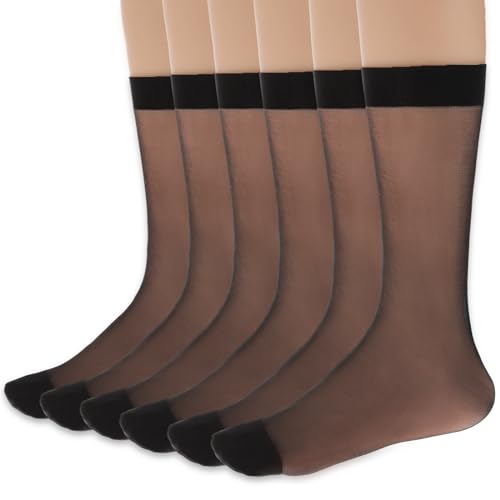 Telooco Nylonstrümpfe Damen 6 Paar Transparente Nylon Socken Atmungsaktive Ultradünn Sommersocken Wadenhohe Rockstrümpfe Damensocken für Frauen Mädchen (Schwarz) von Telooco