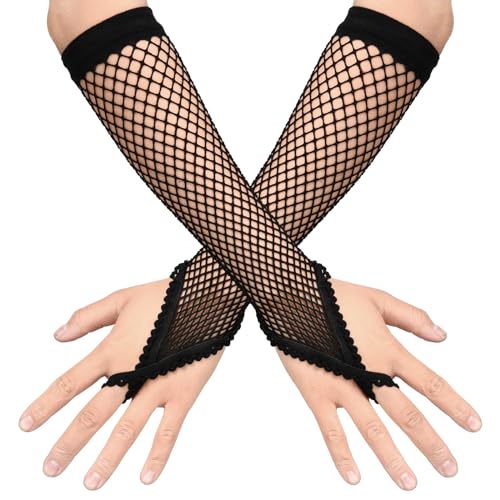 Telooco Lang Fingerlose Netzhandschuhe Damen Schwarz Fischnetz Handschuhe Netz Armstulpen mit Spitze Fingerschlaufe Nylon Handschuhe für Damen Mädchen 80er 90er Jahre Motto Party Outfits von Telooco