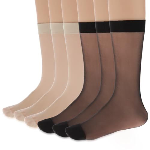 Telooco Nylon Socken 6 Paar Transparente Nylonstrümpfe Damen Atmungsaktive Ultradünn Sommersocken Wadenhohe Rockstrümpfe Damensocken für Frauen Mädchen (3 Schwarz, 3 Hautfarbe) von Telooco