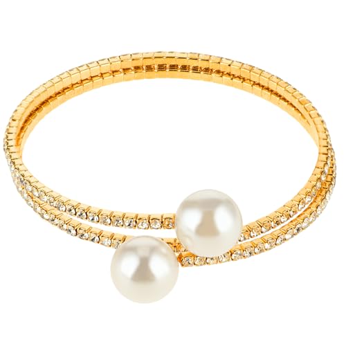 Telooco Strass Armband Damen Glitzer Tennis Armreif Perlen Offenes Armband Verstellbar 2 Reihen Strass Armbänder Hochzeit Braut Schmuck für Frauen Mädchen 1920S Stretch Armband (Gold) von Telooco