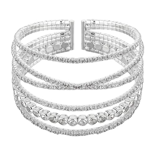 Telooco Strass Glitzer Armband Silber Armbänder Damen Tennis Bracelet Mehrschichtiges Manschetten Armband Mädchen Kristall Kette Brautarmband Hochzeit Braut Schmuck für Damen Frauen von Telooco