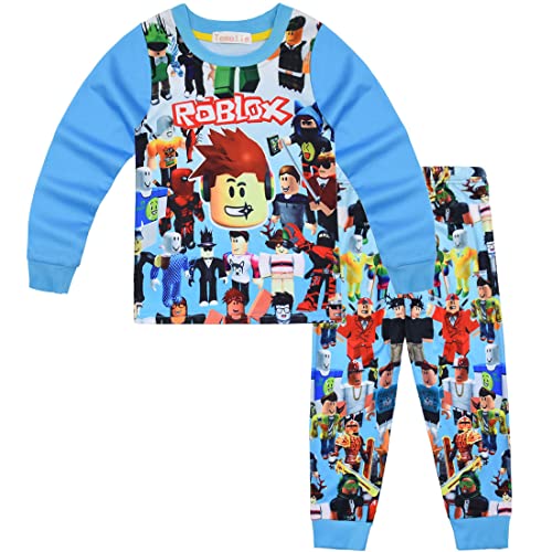 Temolie Roblox Schlafanzug für Jungen, kurzärmelig, T-Shirt, Hose, Nachtwäsche, Mädchen, 3D-Gaming-Charakter, Nachtwäsche, Kinder-Pyjama, 2 Stück, Blau 2, 134 von Temolie