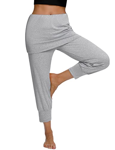 Terecey Yogahose Damen mit Rock 3/4 Caprihose Elegant Freizeithose Baumwolle Jogginghose Hohe Taille Pumphose Haremhose für Yoga Pilates Tanzen Joggen Grau L von Terecey