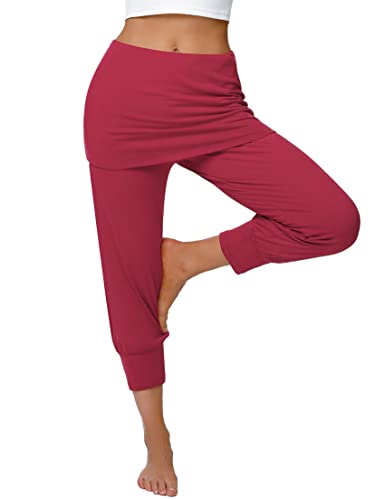 Terecey Yogahose Damen mit Rock 3/4 Caprihose Elegant Freizeithose Baumwolle Jogginghose Hohe Taille Pumphose Haremhose für Yoga Pilates Tanzen Joggen Weinrot L von Terecey