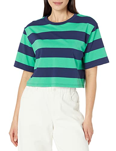 The Drop Damen Sydney T-shirt, Kurzer Cropped-stil, Rundhalsausschnitt, Marineblau/Jade Rugby Stripe, 3XL Große Größen von The Drop