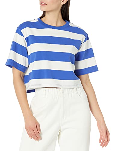 The Drop Damen Sydney T-shirt, Kurzer Cropped-stil, Rundhalsausschnitt, Schillernder Blau/Flüsterweißer Rugby Streifen, S von The Drop