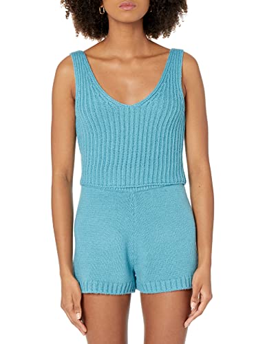 The Drop Damen Sylvie Rippstrick-Tanktop mit V-Ausschnitt vorn und hinten, strukturiert, bauchfrei, Arctic Blue, M von The Drop