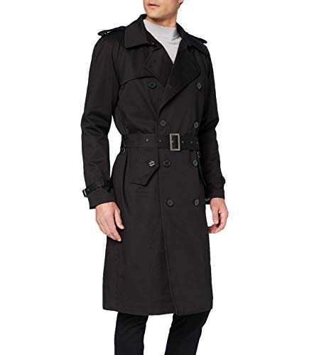 Herren Schwarz Traditional Zweireiher Langer Trenchcoat Baumwolle Military Regenmantel mac von The Platinum Tailor