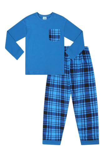 Kinder Jungen Schlafanzug Einfarbig Langarm Top & Gewebte Blau Tartan Karo Hose Gr. 13 Jahre, blau von ThePyjamaFactory