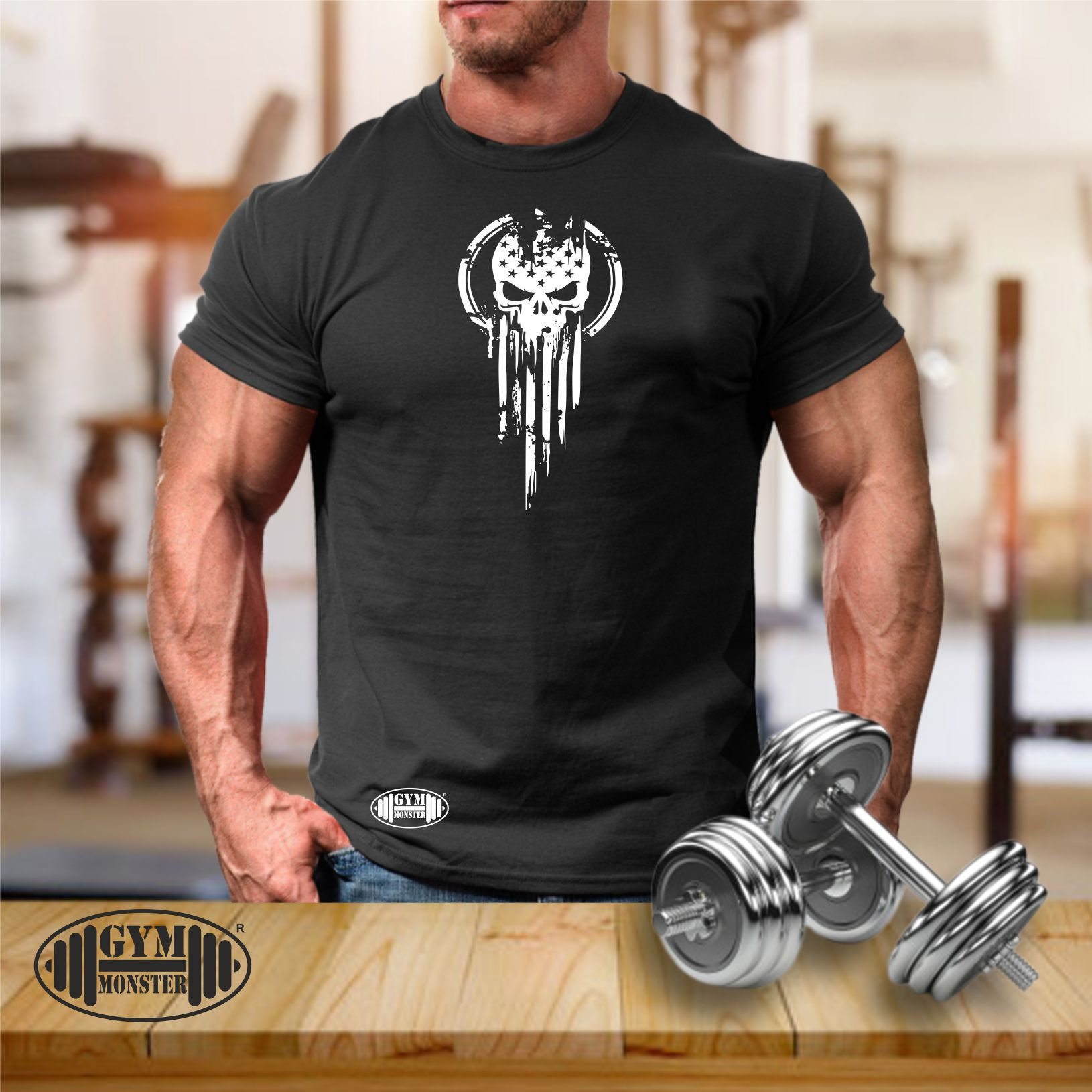 American Warrior T Shirt Gym Kleidung Bodybuilding Training Übung Kick Boxen Kampfsport Mma Skull The Monster Herren T-Shirt von TheGymMonsterTGM