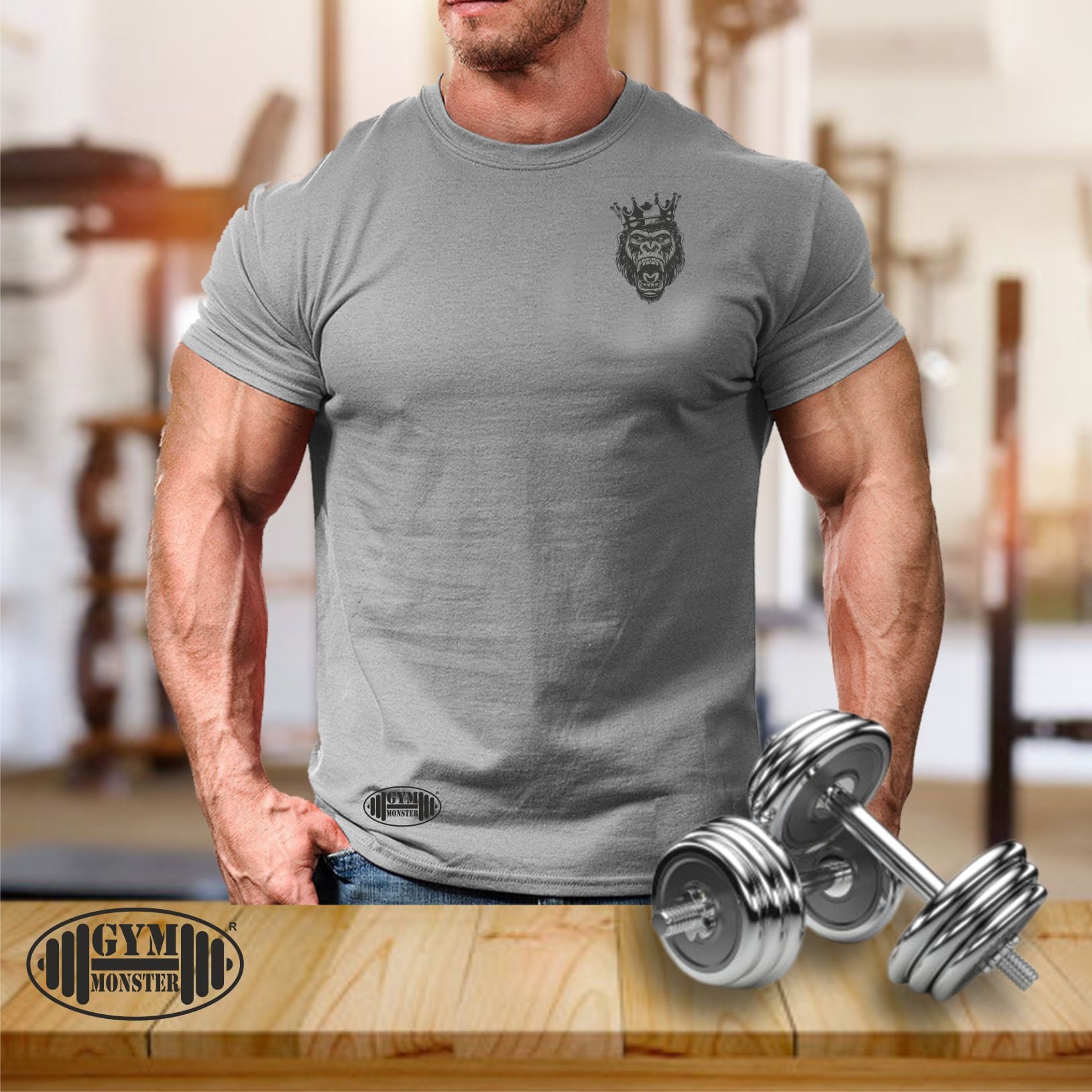 King Gorilla T Shirt Pocket Gym Kleidung Bodybuilding Training Fitness Gewichtheben Boxen Kampfsport Schwarz Männer T-Shirt von TheGymMonsterTGM