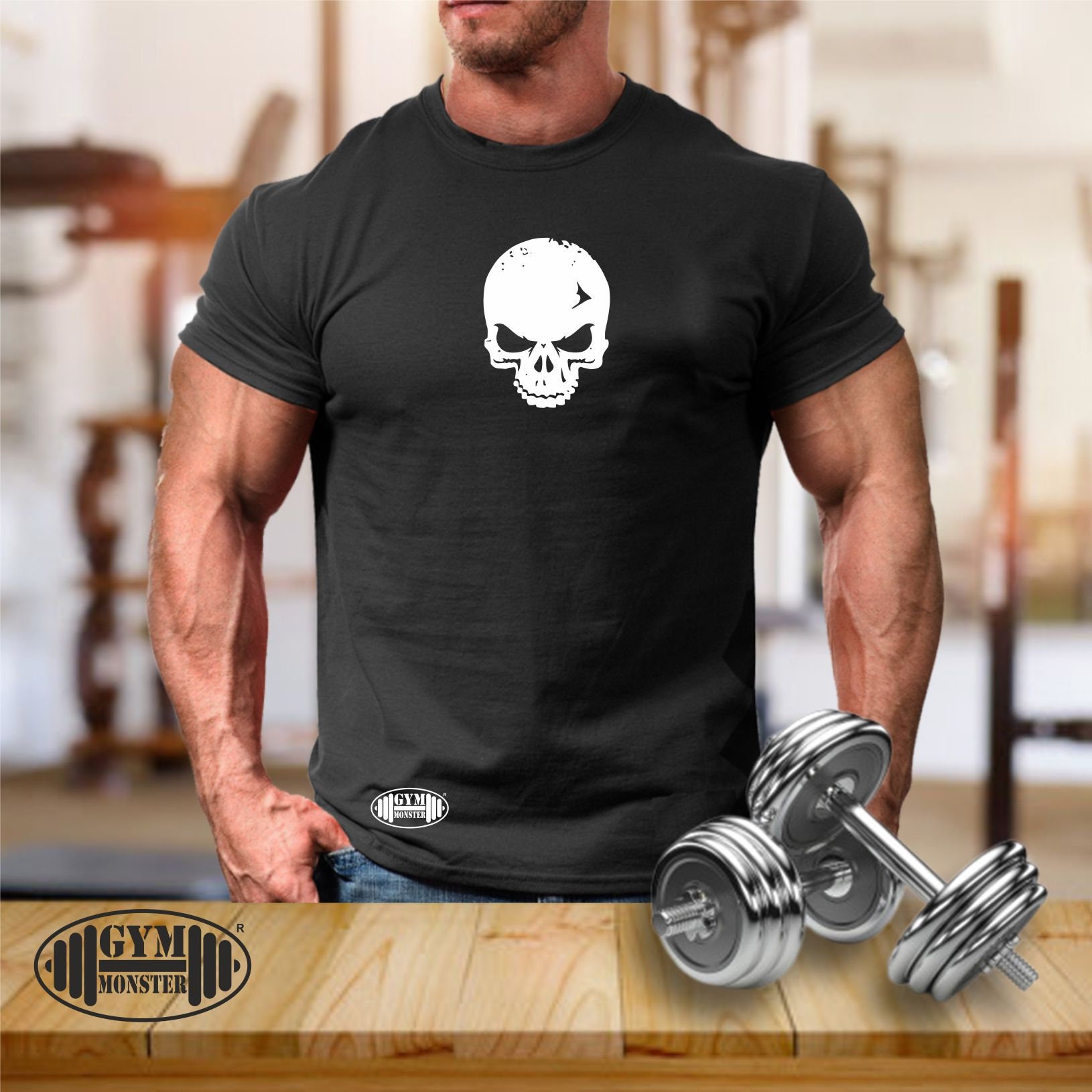 Weiße Totenkopf T Shirt Gym Kleidung Bodybuilding Gewicht Training Fitness Kick Boxen Karate Mma Monster Herren T-Shirt von TheGymMonsterTGM