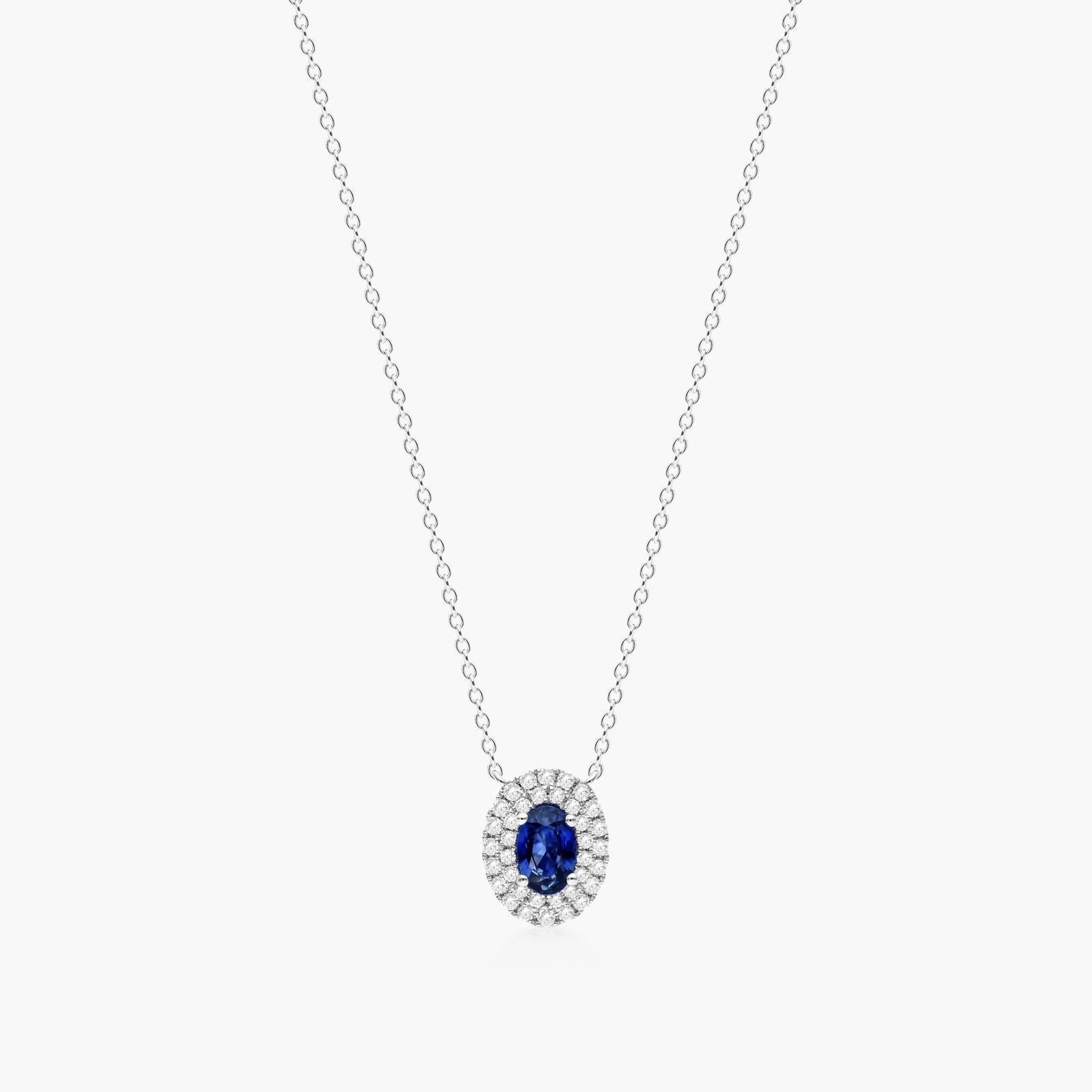 Oval Cut Blauer Saphir Edelstein Halskette, Doppel Halo Diamant Weißgold September Birthstone Geschenk Für Sie, Anhänger von TheNexusJewel
