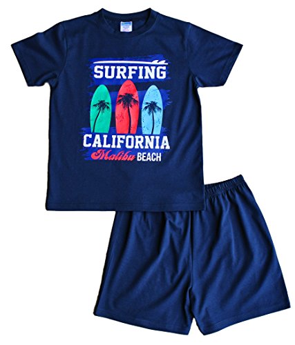 Kurzer Schlafanzug für Jungen mit Thema Malibu, California, Surfen, 9 bis 16 Jahre, marineblau, Pyjama Gr. 11-12 Jahre, blau von ThePyjamaFactory