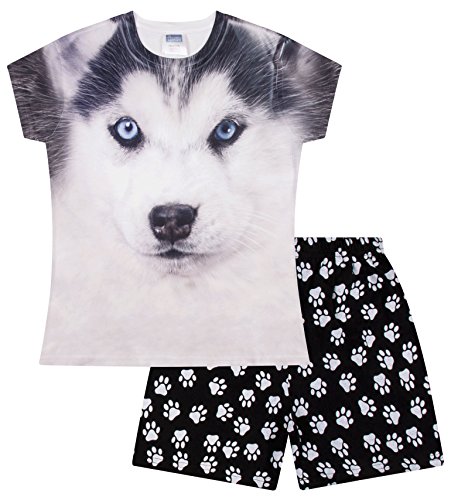 Schlafanzug für Mädchen und Jungen, niedlicher Husky-Hund, kurzer Schlafanzug mit Pfotenabdruck Gr. 13-14 Jahre, weiß von ThePyjamaFactory