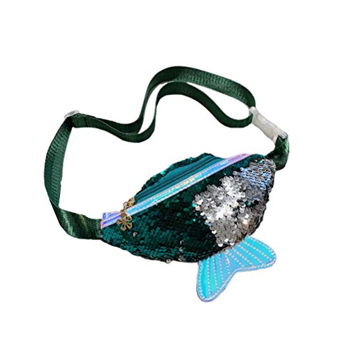 Gürteltasche mit Glitzer-Pailletten für Mädchen, verstellbarer Gürtel, niedlicher Fisch, Reise-Geldbörse für Kinder, Teenager, grün von Theaque