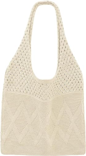 Theaque Häkelnetz-Strandtasche, gestrickt, Sommer, Urlaub, ästhetische Boho-Tragetasche für Damen, F: Beige, as shown von Theaque