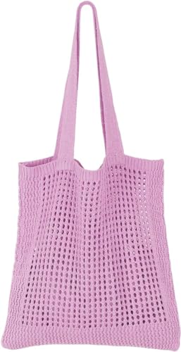 Theaque Häkelnetz-Strandtasche, gestrickt, Sommer, Urlaub, ästhetische Boho-Tragetasche für Damen, I:Pink, as shown von Theaque