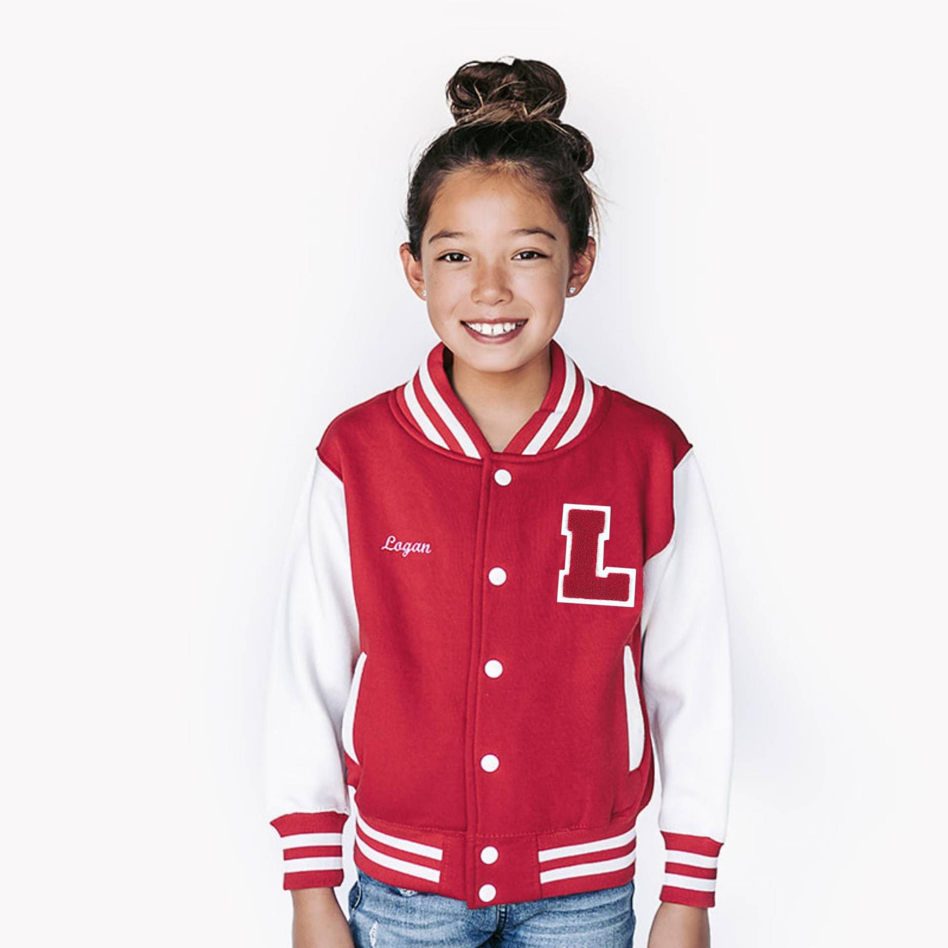 Personalisiertes Sweatshirt Kinder Varsity Jacke Rot/Weiss + Roter Buchstabe von Thelettermanco