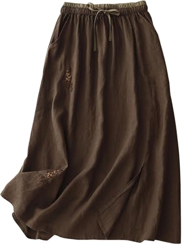 Damen-Midirock aus Baumwollleinen mit Taschen, lässiger Vintage-Blumenstickerei, elastische Taille, seitlicher Schlitz, A-Linie, fließend, schwingend, lange Röcke, Urlaub, Strand, Party, Urlaub, Damen-Midirock aus Baumwollleinen mit Taschen, lässiger Vintage-Blumenstickerei, elastische Taille, seitlicher Schlitz, A-Linie, fließend, schwingend, lange Röcke, Urlaub, Strand, Party, Urlaub, von ThiCc