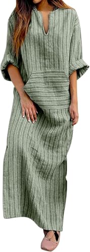 ThiCc Damen Maxikleid aus Baumwolle und Leinen, gestreift, V-Ausschnitt, 3/4-Ärmel, Kaftane, lässig, lockere Passform, Urlaub, Strandkleid mit Kängurutaschen, grün, 46 ThiCc Damen Maxikleid aus Baumwolle und Leinen, gestreift, V-Ausschnitt, 3/4-Ärmel, Kaftane, lässig, lockere Passform, Urlaub, Strandkleid mit Kängurutaschen, grün, 46 von ThiCc