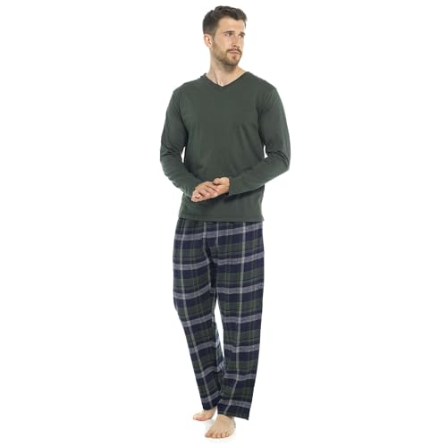 Thingimijigs Herren Schlafanzug-Set aus Baumwolle, langärmelig, grünes Oberteil und grün/marineblaue karierte lange Hose, Loungewear, Grün/Marineblau kariert, M von Thingimijigs