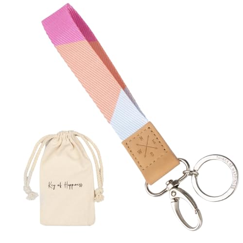 Schlüsselband kurz mit Schlüsselring & Karabiner | Schlüsselanhänger Kunstleder | Keychain als Geschenk für Frau oder Mann | kurzes Schlüsselband für Auto-, Wohnungs-, Fahrradschlüssel (Orange, Rosa) von Things of Happiness