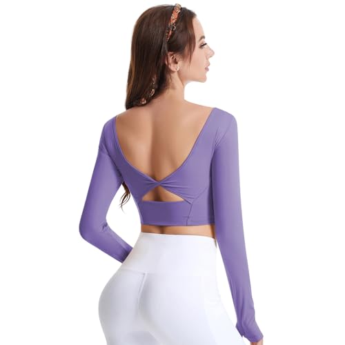 ThreeH Rückenfreie Langarm Shirts für Damen Gym Fitness Yoga Athletic Oberteile Gepolsterter Bra Tanz Shirts, Lila von ThreeH