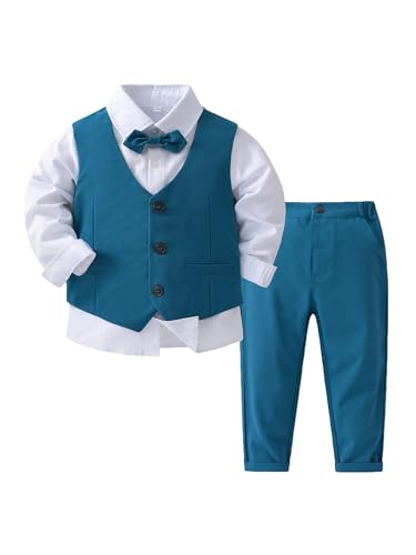 TiaoBug Baby Jungen Festlich Anzug Set Langarm Weißes Hemd + Anzugweste + Anzughose + Fliege Hochzeits Party Taufe Kleidung Blau 98-104 von TiaoBug