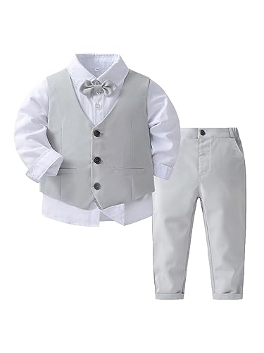 TiaoBug Baby Jungen Festlich Anzug Set Langarm Weißes Hemd + Anzugweste + Anzughose + Fliege Hochzeits Party Taufe Kleidung Grau 104-110 von TiaoBug